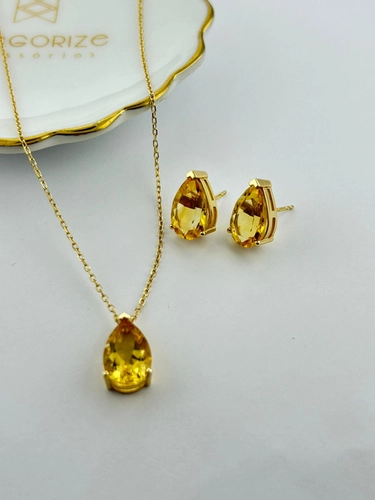 Conjunto Gota Pedra Natural 9 MM