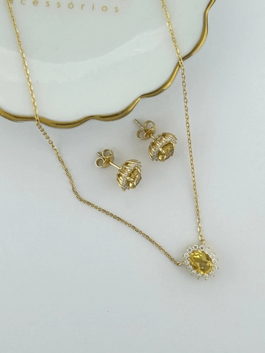 Conjunto Pedra Natural Oval Cravejado em Volta