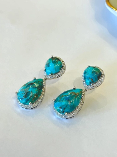 Brinco Gota Dupla Turquesa e Moissanites
