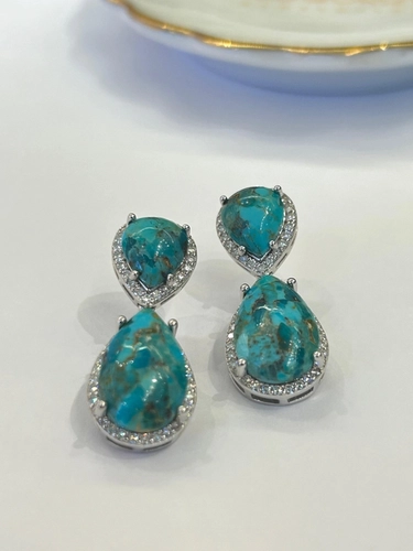 Brinco Gota Dupla Turquesa e Moissanites
