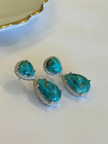 Brinco Gota Dupla Turquesa e Moissanites