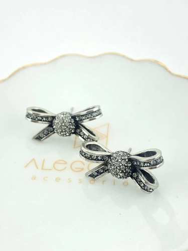 Brinco Laço Strass Mini Romance Prata Boho
