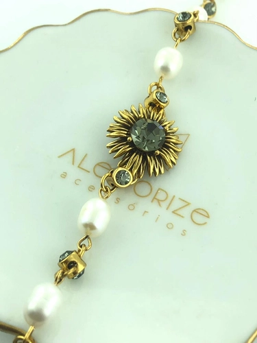 Pulseira Girassol P Botão Strass Pérolas