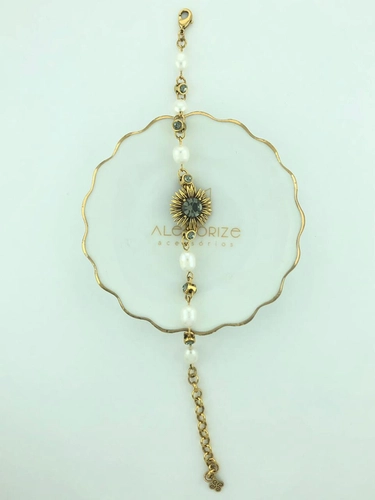 Pulseira Girassol P Botão Strass Pérolas