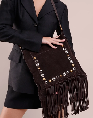 Bolsa Tiracolo Carolina Média Marrom Franjas